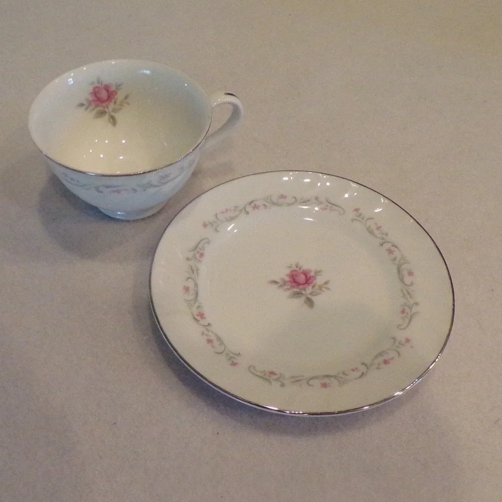 Royal Swirl Footed Cup & Saucer White Pink Rose & Silver Rim Fine China